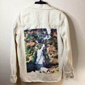 Zara White Denim Shirt with embillishment Size  Medium Art Button Down Shirt